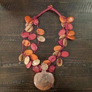 Boho Multi-Strand Wood Bead Necklace Large Resin Pendant Earthy Artsy Beach Chic